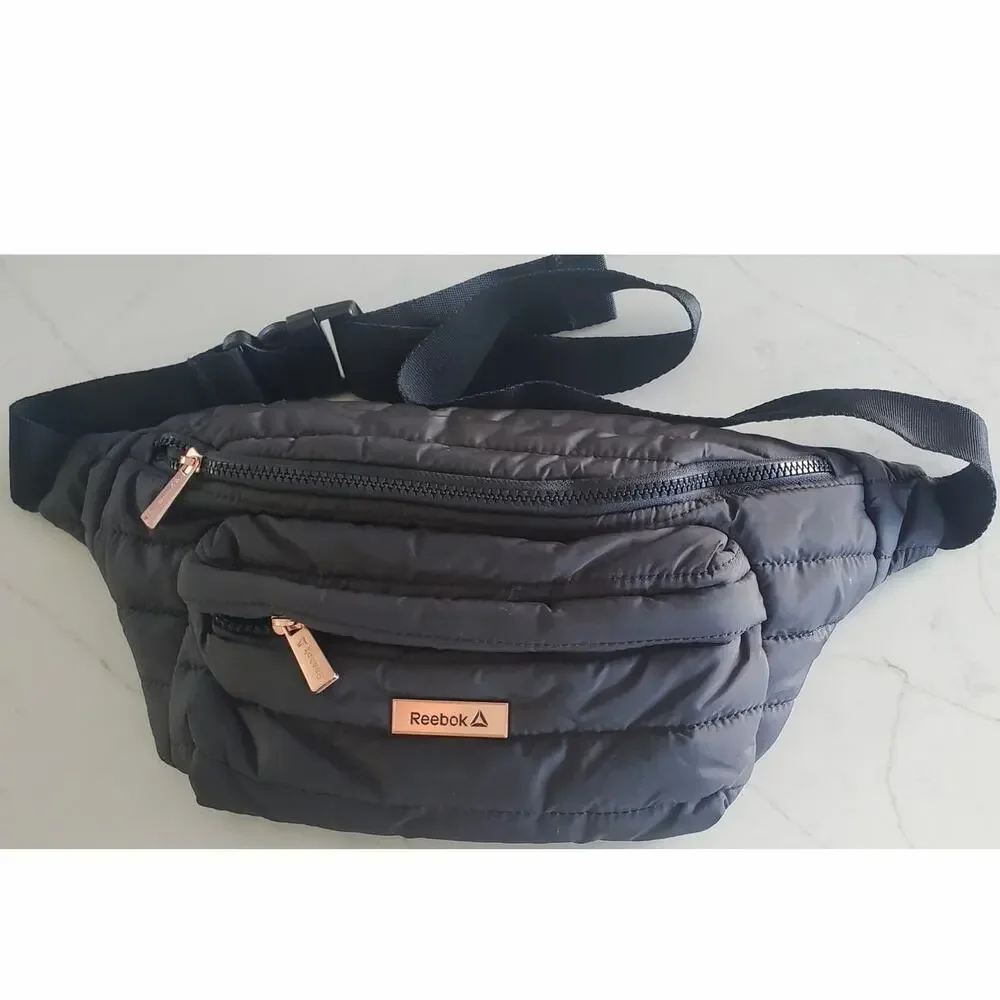 Reebok Rylan Quilted Fanny Pack Black with Rose Gold Accents